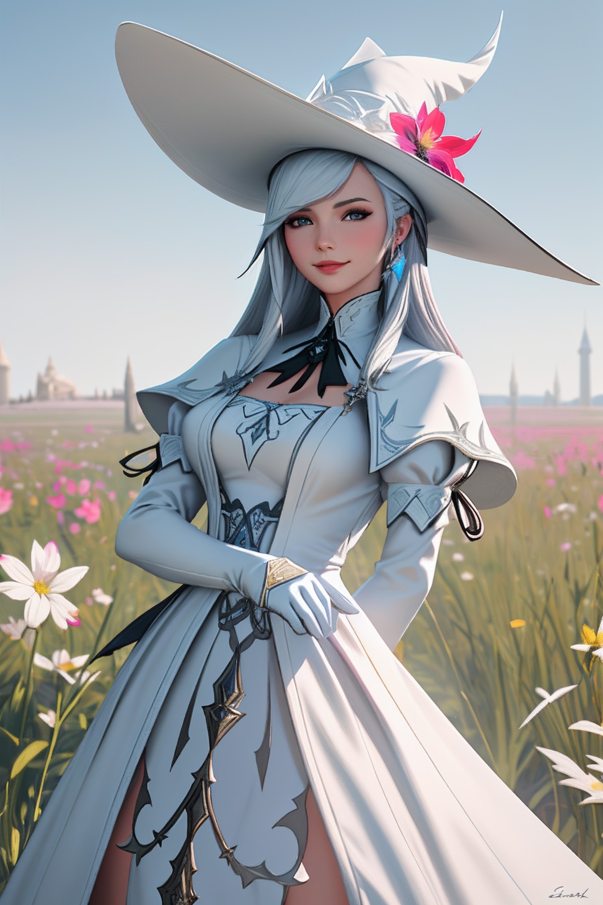 ((Masterpiece, best quality,edgQuality)),smug,smirk,
edgWHM, white mage robe, a woman in a white dress and hat standing in...